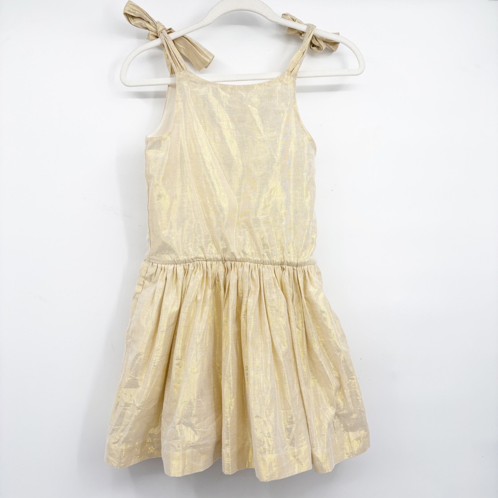 Tea Collection Girls Gold Metallic Lurex Bow Shoulder Party Dress Size 10